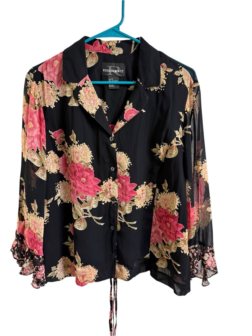 Requirements Black Button-Down Blouse with Pink Floral Print and Cream Accents